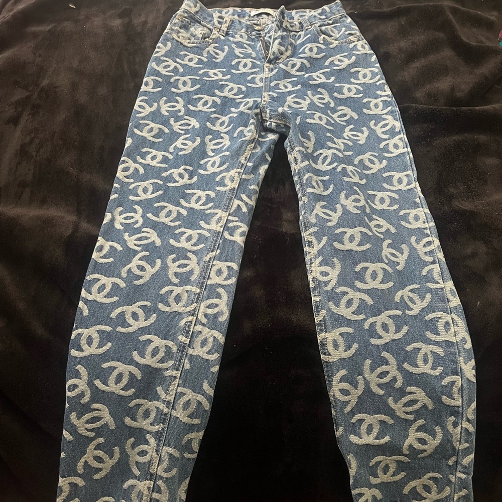 CHANEL Denim Pants with White Logo Pattern
